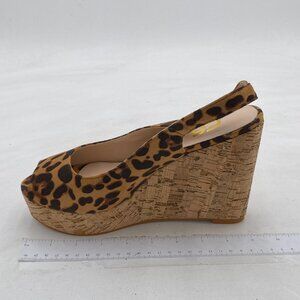 FSJ Leopard Peep Toe High Heel Wedge Sandals Slip on Cork Pumps Slingback Shoes